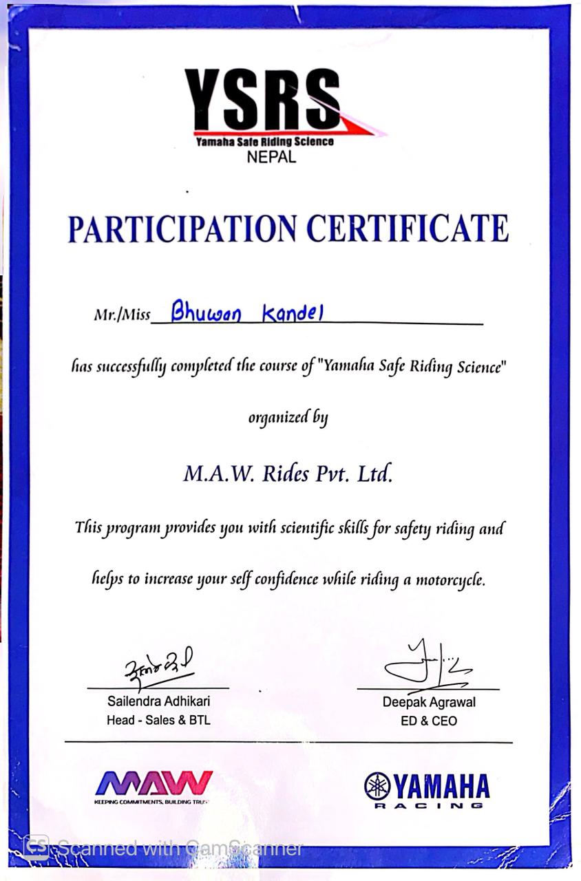 Yamaha safe riding certificate